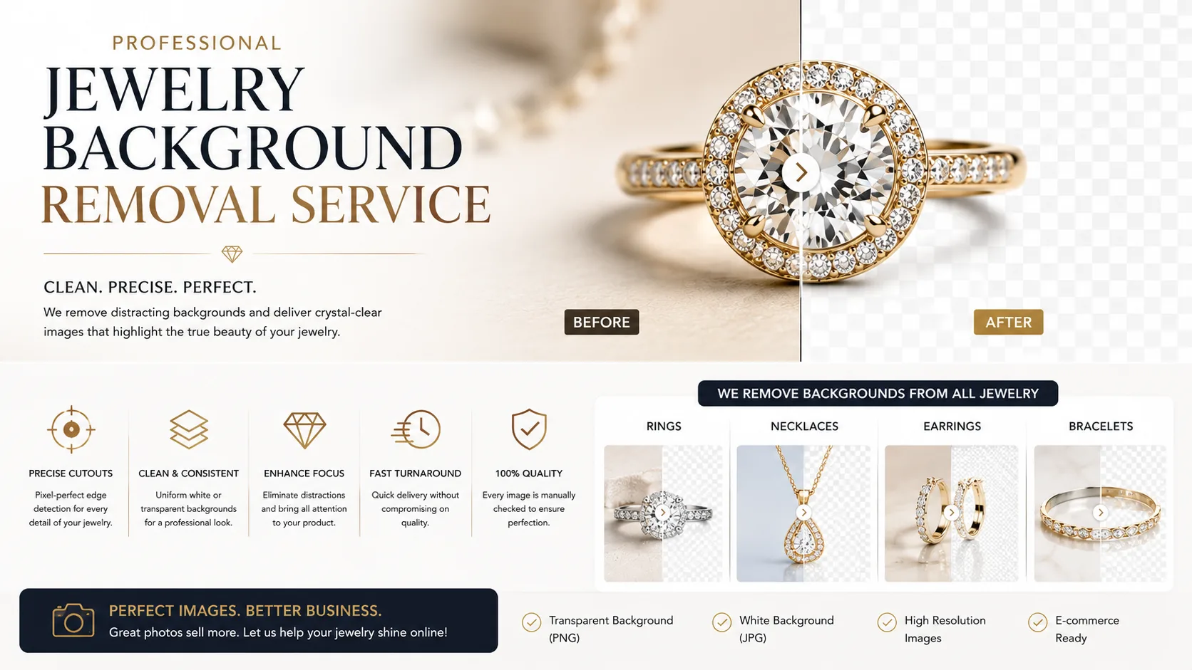 Before and after comparison of professional jewelry photo retouching showing improved sparkle, color, and background.