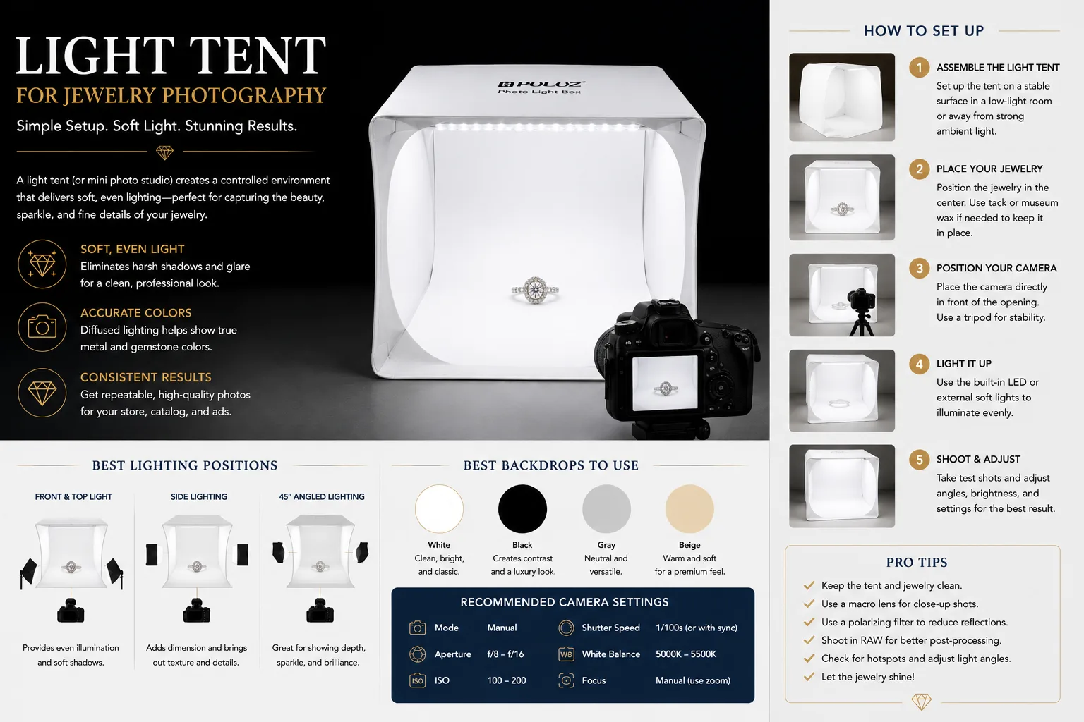 Small light tent used to capture professional jewelry product photos with even, diffused lighting.