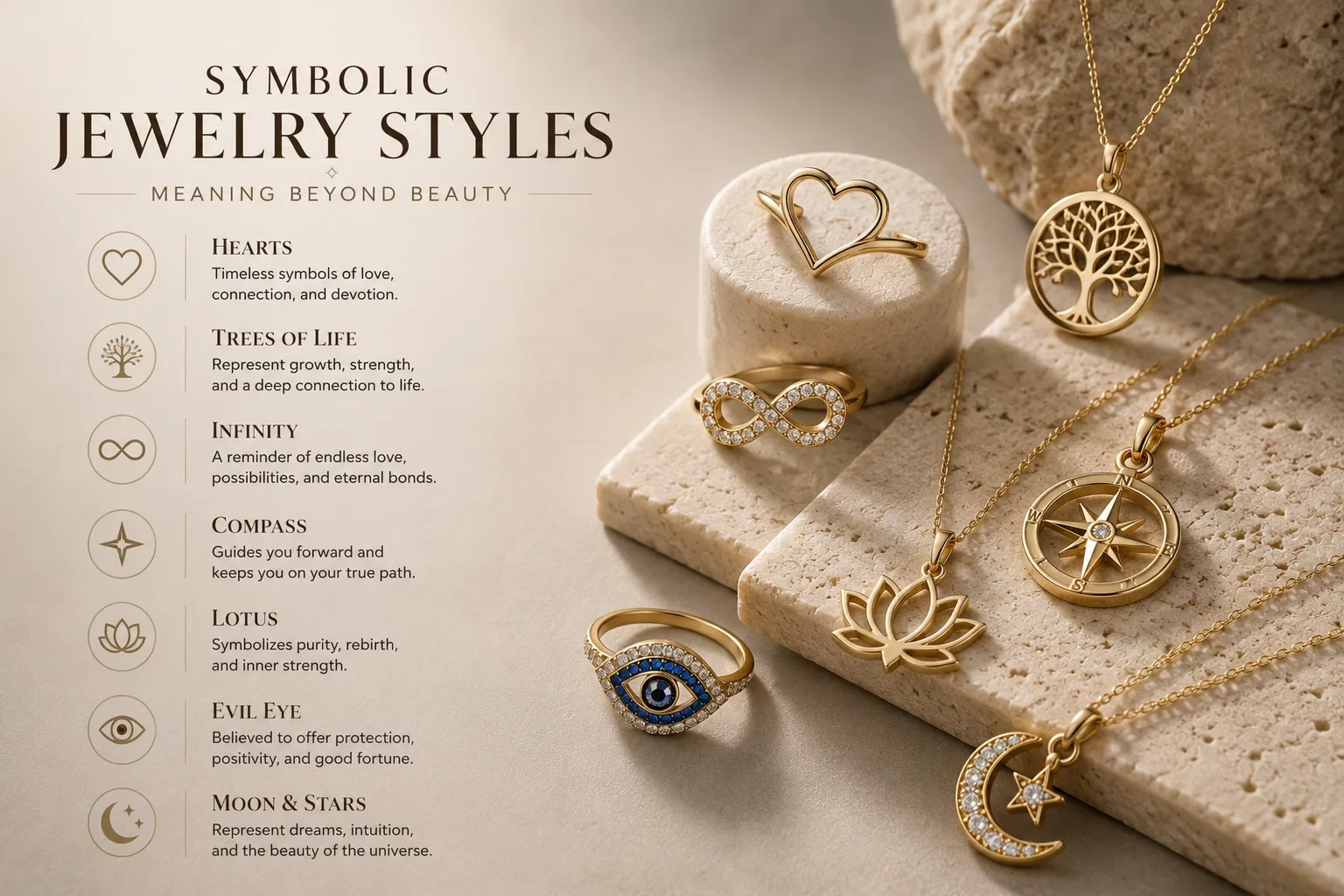 Various symbolic jewelry designs including heart, infinity, cross, and Tree of Life pendants.