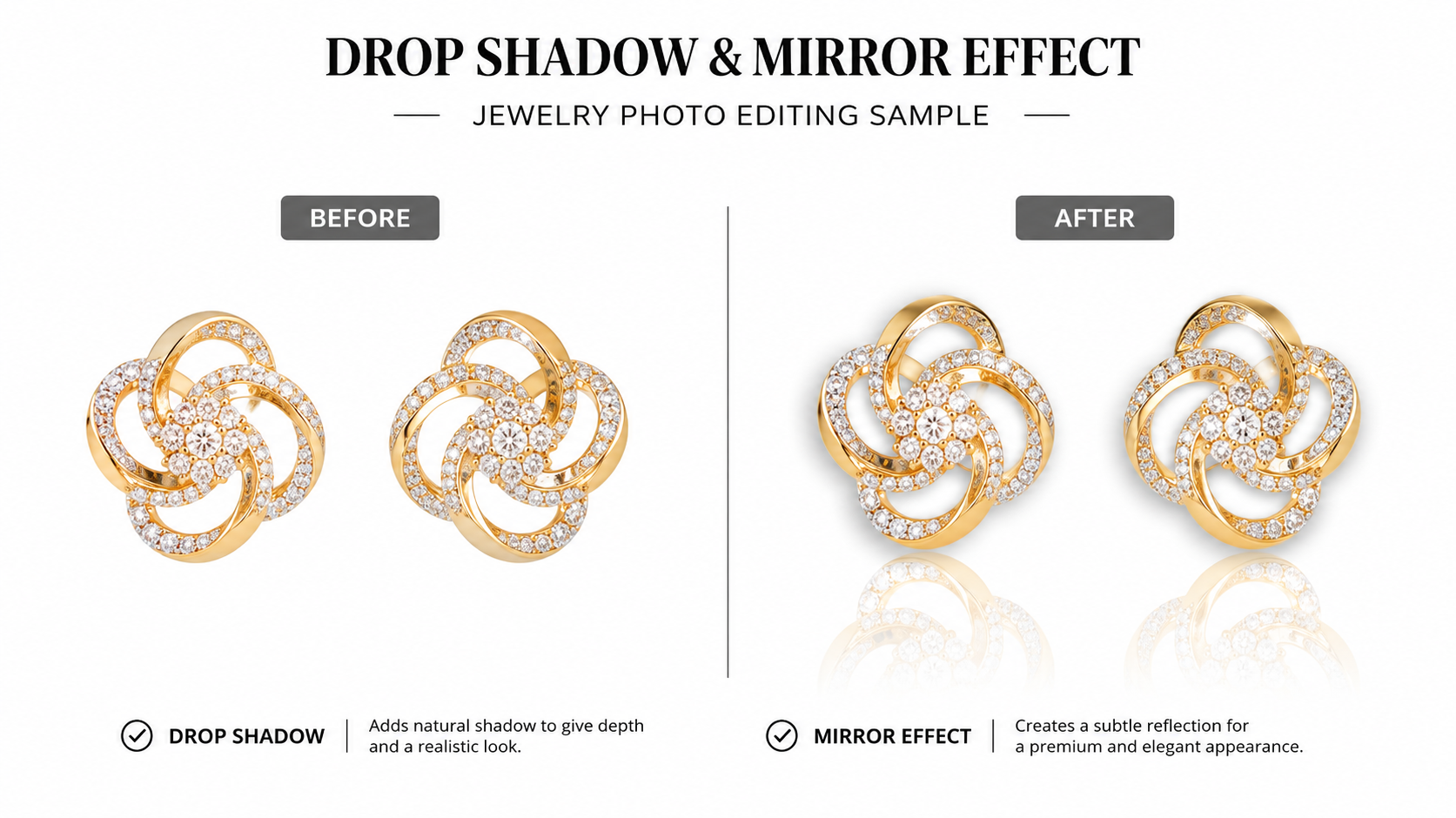 Drop Shadow and Mirror Effect — professional jewelry photo editing samples